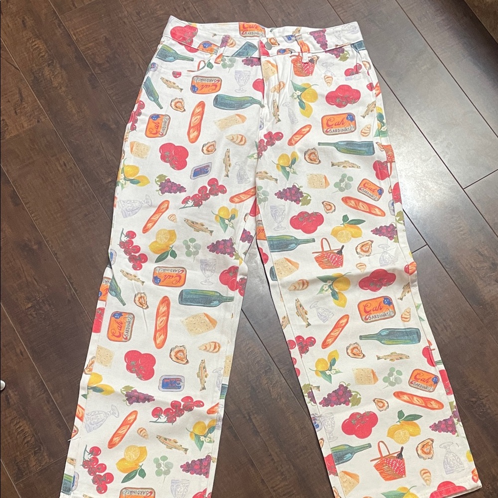 White Novelty Print Pants with Colorful Fruit & Food Motif
